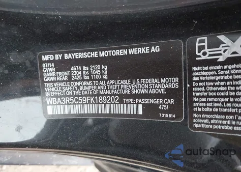 2015 BMW 435I xDrive from USA, damaged, VIN WBA3R5C59FK189202